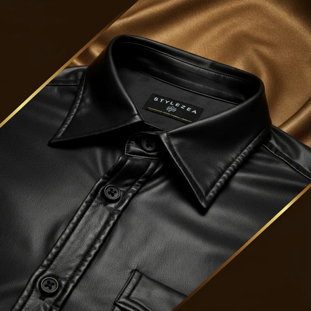 Men’s black leather button-up shirt styled for casual wear